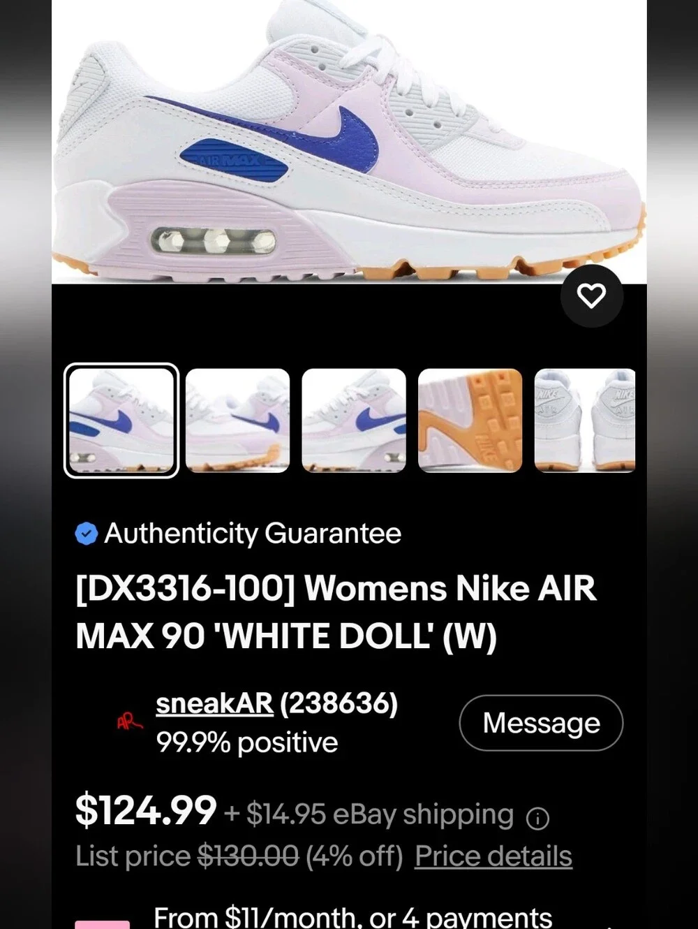 🔥🔥 Nike Wmns Air Max 90 'White Doll' Wmns 8 Great Condition Fast Shipping